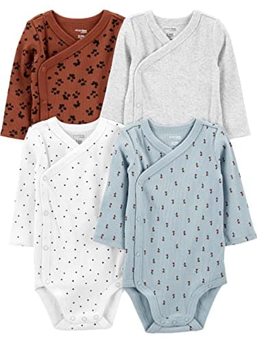 Simple Joys By Carter's Unisex Baby 4-pack Side Snap Bodysuit Bodystocking, Blue Floral/Brown Animal Print/Light Grey/White Dots, 18 Months US