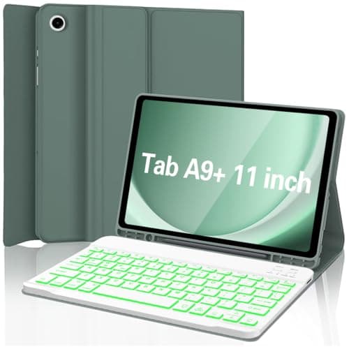 Keyboard Case for Samsung Galaxy Tab A9 Plus 5G 11 inch 2023 (SM-X210/X216/X218), 7 Color Backlit Detachable Keyboard Bluetooth, Smart Folio Cover with S Pen Holder for Galaxy Tab A9+ 11"(Dark Green)
