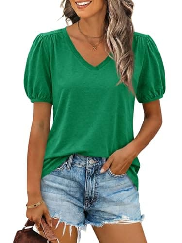Cicy Bell Womens Puff Short Sleeve T-Shirts V Neck Summer Casual Pleated Tops Loose Fit Curved Hem Tees Green