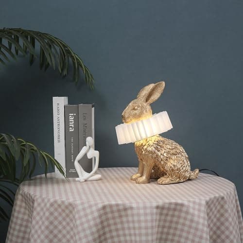 LAZHUG Gold Scarf Bunny Lamp,Resin Crafted Sitting Rabbit Table Lamp,White Pleated PC Lampshade,USB Powered LED Nightstand Lamp,Cute Home Decor & Kids Bedroom Nursery Light