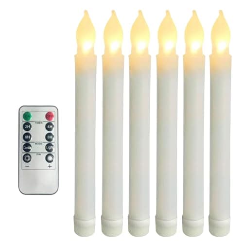 Mxqdhx 6 Pcs Plastic Flameless Taper Candles with Remote Timer Dimmer, 8.5 inches Taper Candles Battery Operated, Plastic LED with Flickering Flame for Halloween Christmas Church Wedding (Warm White)