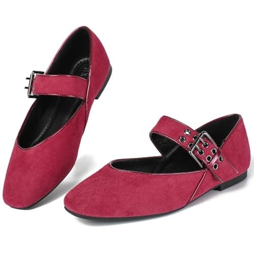 Flats for Women Mary Jane Square Toe Ballet Flat Shoes Ankle Strap Dressy Comfortable Slip on Formal Dress Flat Shoes Red Size 6