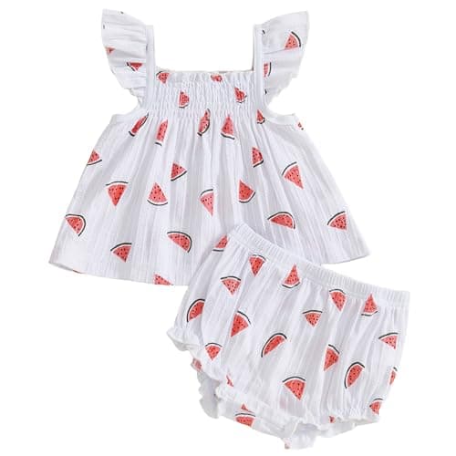 Mubineo Baby Girl Summer Clothes Cute Ruffle Tops Dress Shorts Outfits Set Infant Toddler Shrit Bloomers Princess Outfit (Watermelon White, 0-3 Months)