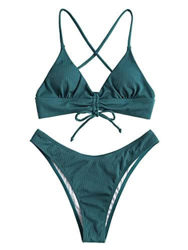 ZAFUL Women's Sexy Brazilian Triangle String Bikini Set Ribbed Lace Up Two Piece Swimsuit Padded High Cut Cinched Bathing Suit Deep Green L