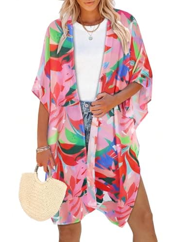 Womens Swimsuit Coverups Summer Loose Cardigans for Swimwear Lightweight Beach Kimono (Pink Colorful Leaves,S)