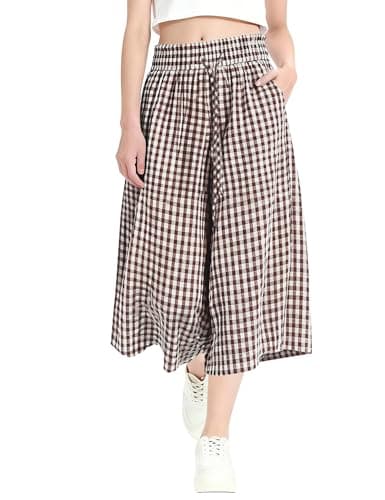 Rapbin Wide Leg Capri Pants for Women Cotton Plaid Culottes Spring Summer High Waisted Baggy Cropped Pants with Pockets (Coffee White Plaid, XXL)