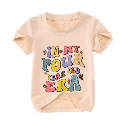 MODNTOGA Toddler Birthday Girl Shirt in My 1-7 Year Old Era Graphic T-Shirt Kid Girls B-Day Party Tee Short Sleeve Summer Top (Beige, 4 Years)
