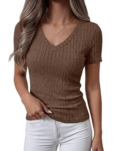 ANRABESS Short Sleeve Sweaters for Women Summer Knit Top,Brown Coffee,L