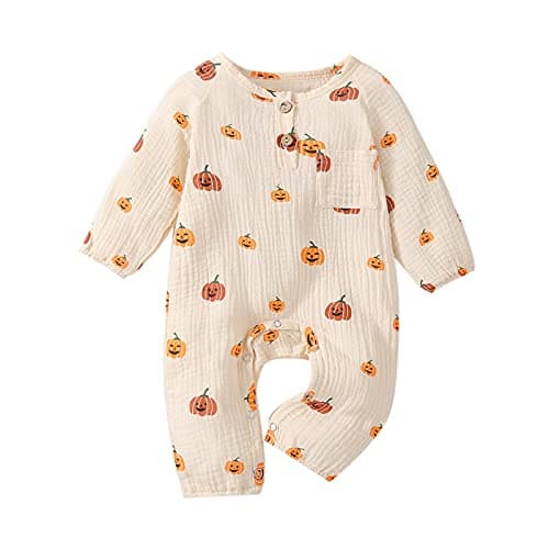Halloween Baby Boy Girl Outfit Pumpkin Long Sleeve Onesie Romper Jumpsuit Halloween Clothes Girl Boy (Beige,6-12 Months)