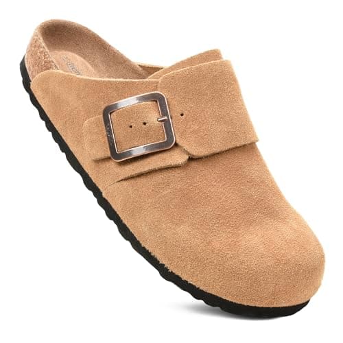 AEROTHOTIC Genuine Leather Clogs for Women with Arch Support Memory Foam Cork Footbed Indoor and Outdoor Adjustable Buckle Potato Shoes Comfortable Mules (Atlas Camel, Size 6-6.5)