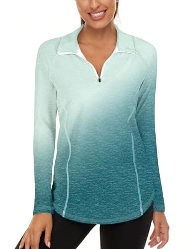 LURANEE Womens UPF 50+ Long Sleeve 1/4 Zip Pullover Athletic Hiking Running Workout Tops White Leaf Pink 3XL
