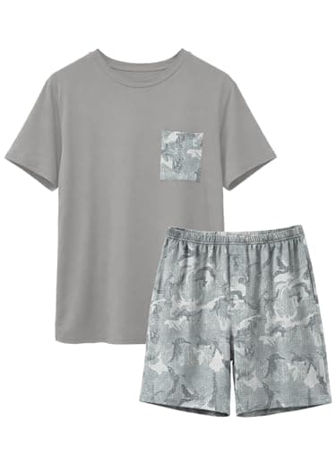 Feiersi Mens Pajama Set Sleepwear Pjs Lightweight Comfy Soft Short Sleeve Sleep Set With Pockets(Grey Camo Snow,Large)