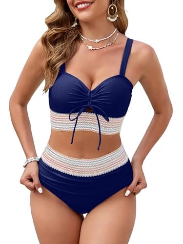 VIAURBE Women High Waisted Bikini Sets Swimsuits Color Block Two Piece Drawstring Bathing Suit Navy S