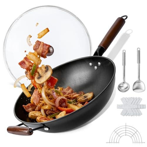 Colourcoco Carbon Steel Wok - 12.99" Woks & Stir-Fry Pans Nonstick, Wok with Lid, Fast Heat Conduction, Uniform Heat Conduction Flat Bottom Woks, Professional Chef Cookware