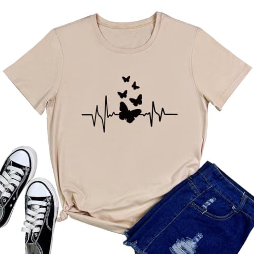 BLACKMYTH Women Graphic Tees Crew Neck Casual Clothes Apricot X-Large