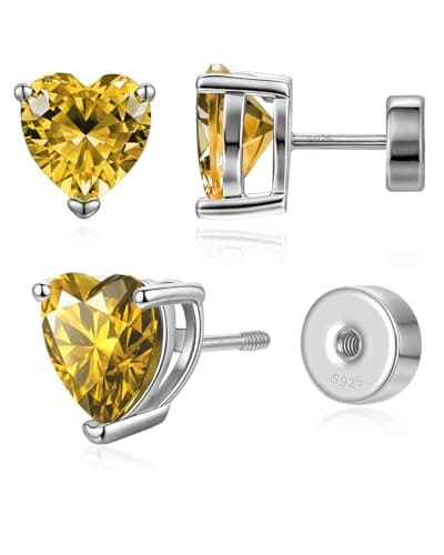 Birthstone Flat Back Earrings for Women, Heart November Citrine Birthstone Screw Back Studs, 925 Sterling Silver White Gold Hypoallergenic Jewelry Anniversary Birthday Gifts for Mom Wife Daughter