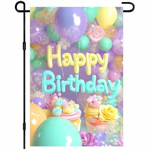 BlissYard Happy Birthday Garden Flag 12x18 Inch Pastel Balloons Cupcakes Party Confetti Outdoor Decorative Flags Double Sided Birthday Party Welcome Flag for Yard Home Porch Patio Lawn Decorations