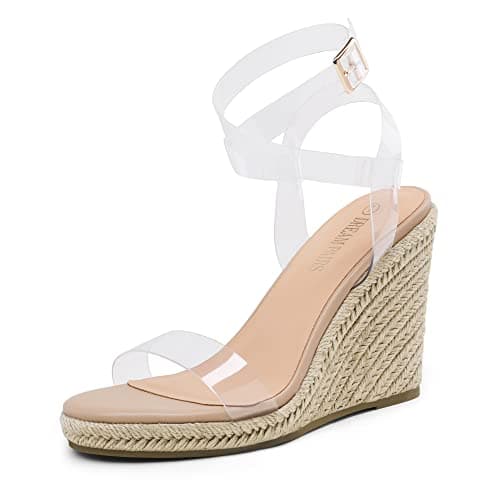 DREAM PAIRS Womens Open Toe Espadrilles Dressy Platform Sandals Buckle Ankle Strap Stylish Wedges Sandals,Size 5,Clear/Nude/Pu,SDPW2211W