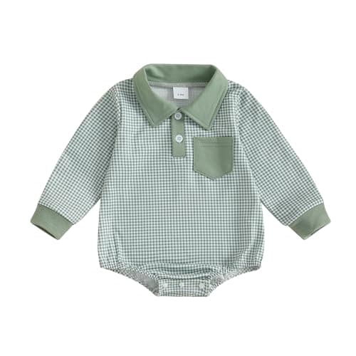 FOCUSNORM Newborn Baby Boy Fall Clothes Long Sleeve Romper Onesie Lapel Collar Plaid Bodysuit Infant Boy Winter Outfit (Green, 3-6 Months)