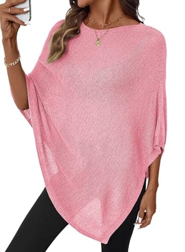 SHEWIN Off the Shoulder Tops for Women Casual Sheer Knit Ponchos Summer Sweaters Lightweight Cute See Through Tops Beach Cover Ups Pullover Beach Outfits for Women,(US 20-22) 2XL,Pink
