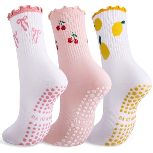 scenicamp 3 Pairs Cute Pilates Socks with Grips for Women & Girls - Non Slip Ruffle Crew Yoga Sock With Cute Pattern, Soft Breathable Cotton Grippy Socks for Barre, Ballet, Yoga & Home Workouts