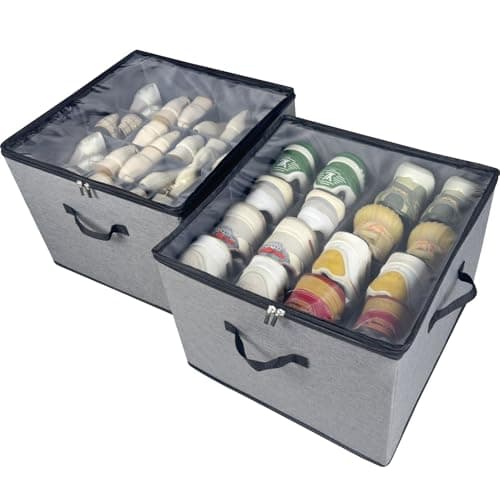 Vexalora Shoe Organizer Box 2 Pack, Shoe Storage Organizer with Clear Cover, Adjustable Dividers Fits 16-32 Pairs, Fabric Shoe Organizer for Closet, Grey