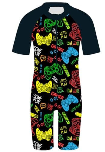 TFJH E 1pcs Boys Swimwear Short Sleeve Bathing Suit UPF 50+ Rashguard Swimsuits Zip Black Game 104/110