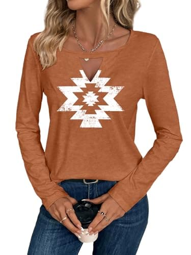 Binshre Cowboy Chic Keyhole Sexy V Neck Country Music Tops for Women Vintage Aztec Western Cowgirl Shirts Casual Long Sleeve Graphic Tees