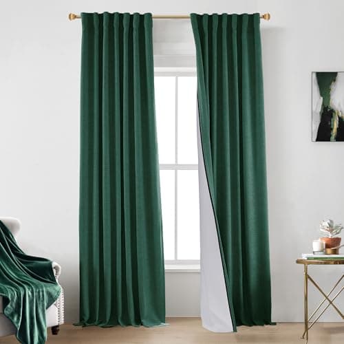 108 Inch Linen Blackout Curtains, 9FT Thermal Insulated Rod Pocket Back Tab Drapes for Living Room Bedroom, 2 Panel Set, 9 FT Length 50'' W x 108'' L, Dark Green