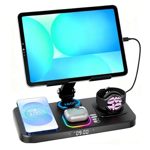 30W Tablet Wireless Charger for Samsung, Foldable Android Charging Station with Clock Display with 7-Color Light, Wireless Watch Charger for S25, Only Compatible Samsung Watch, Galaxy Buds3 Pro(Black)