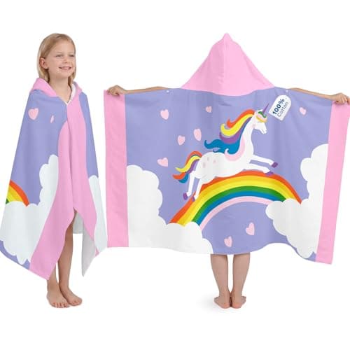 Kids Hooded Beach Towel, 100% Cotton Super Soft and Absorbent Bath Towel, 50" x 30" Large Size with 2 Snap Buttons for Ages 3-10, Cozy Cover Up for Pool, Beach, and Bath Time (Rainbow Unicorn)
