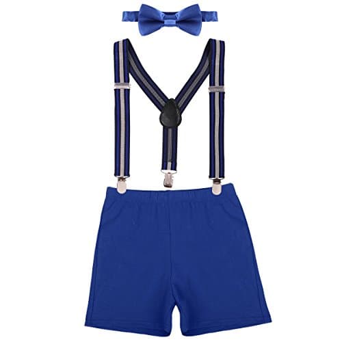 IBTOM CASTLE Baby Boys First Birthday Adjustable Y Back Elastic Clip Suspenders Cake Smash Outfit Tuxedo Pre-tied Bloomers Bowtie set Z# Royal Blue+Stripe