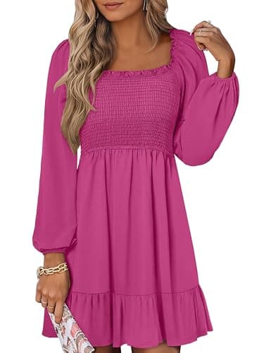 ANRABESS Womens Long Lantern Sleeve Square Neck Dress Smocked Tiered High Waist Ruffle Flowy Swing 2026 Spring Short Dresses Hot Pink Small