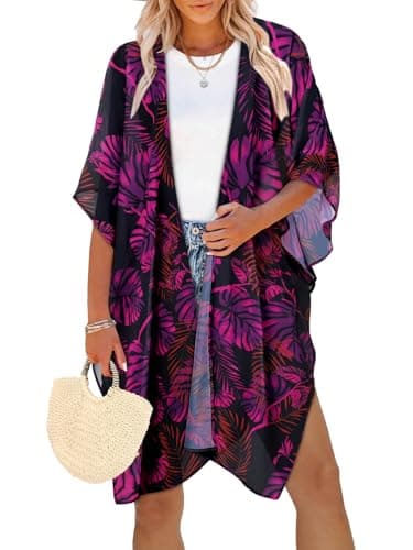 Womens Swimsuit Coverups Summer Loose Cardigans for Swimwear Lightweight Beach Kimono (Deap Purple Leaf,S)