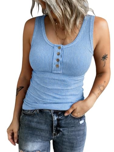KINLONSAIR Women's Tank Tops Twisted Ribbed Sleeveless Slim Fit Henley Shirts Button Scoop Neck Stretchy Summer Tee Shirt Light Blue