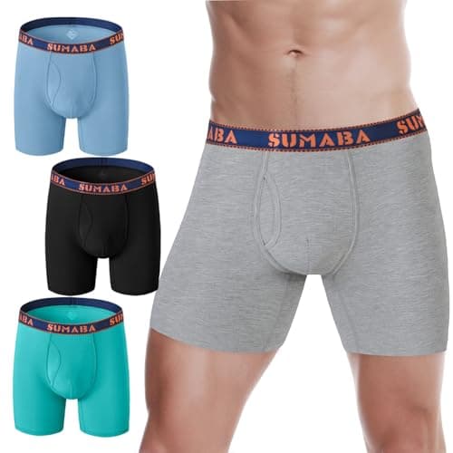 SUMABA Long Trunks Underwear for Men Pack Open Fly Blue Boxer Briefs 6 Inch Inseam Moisture-Wicking Underpants Big & Tall Ball Pouch Underwear Classic Anti-Chafing Stretch Boxers Large
