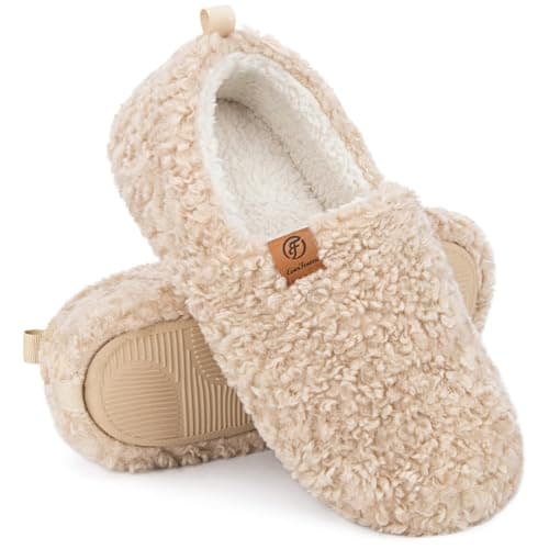 EverFoams Women’s Soft Curly Full Slippers Memory Foam Lightweight House Shoes Cozy Loafer with Polar Fleece Lining Khaki,11-12 US