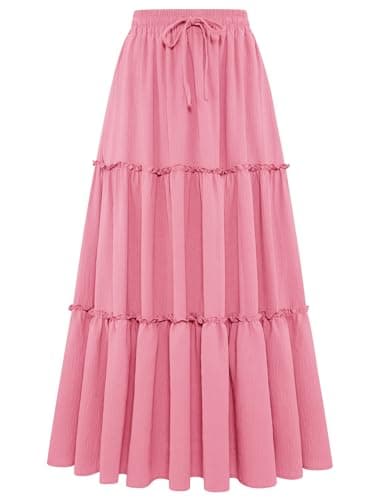 Arolina Long Skirts for Women Casual Boho Flowy Maxi Skirt with Pockets Elastic High Waist Tiered Skirt Pink S