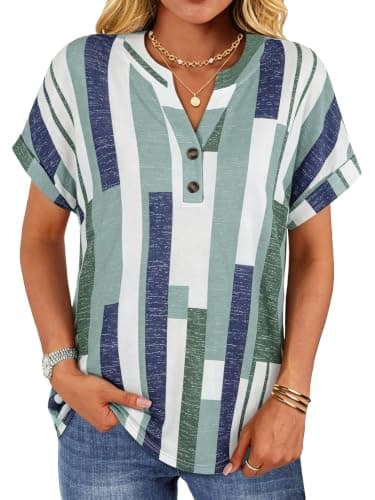 rosemia Womens Short Sleeve Shirts V Neck Dressy Casual Blouses Summer Loose Fitting Henley Tops, Blue Green Stripes, S