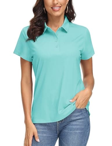 MAGCOMSEN Polo Shirts for Women Sun Protection Golf Tops Short-Sleeve Polos for Women Workout Athletic Top Lake Blue S