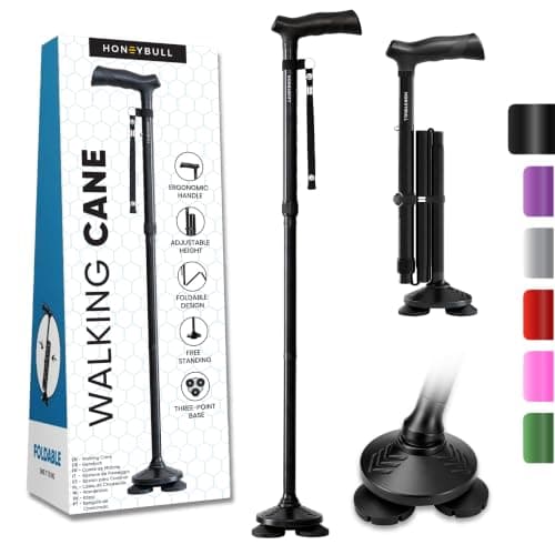 HONEYBULL Walking Cane for Men & Women, Foldable, Free Standing Cane, Black
