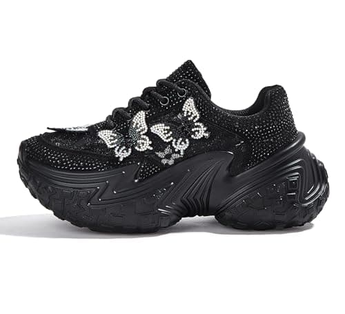 LUCKY STEP Women's Chunky Sneakers Platform Fashion Rhinestone Sparkly Dad Walking Shoes Butterfly Lace Wedge Casual Shiny Thick Sole Footwear(Black,7)