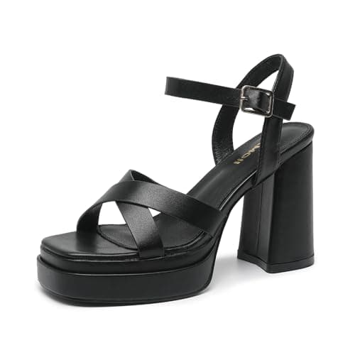 Amoji Women's Black Platform Heels Chunky Heeled Sandals Dress Block Heels Thick Heels Prom Shoes 312 Black 9.5 women