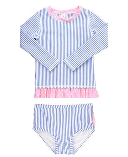 RuffleButts Baby/Toddler Girls Periwinkle Seersucker Long Sleeve Rash Guard Bikini - 12-18m
