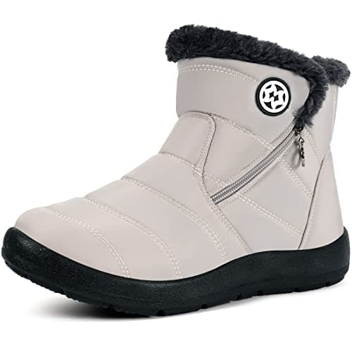 Hsyooes Womens Warm Fur Lined Winter Snow Boots Waterproof Ankle Boots Outdoor Booties Comfortable Shoes for Women,Beige,7 M US=Label Size 38