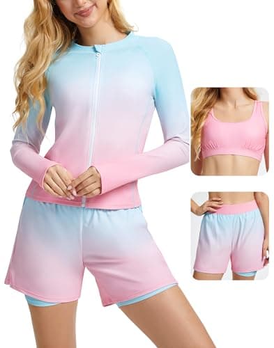 Cagola Rash Guard for Women 3 Piece Swimsuits Long Sleeve Bathing Suit with Boyshorts and Bra Ladies Swim Over 50 UPF 50+ Gradient Blue XL