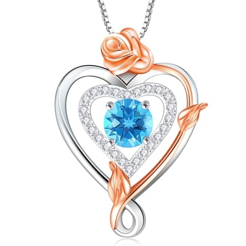 RIVIKO Rose March Birthstone Necklace for Women,925 Sterling Silver Infinity Heart Symbol Love Pendant Necklaces, Valentines Day Jewelry Birthday Mothers Day Gifts for Mom Her Wife Women Girlfriend