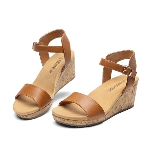 DREAM PAIRS Women's Open Toe Buckle Ankle Strap Platform Wedge Sandals for Women Summer Dressy Shoes,Size 5,Camel/Pu,NINI-8