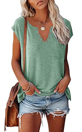 ETCYY NEW Womens Cap Sleeve Tank Tops Casual T-Shirt Loose Fit Basic Shirts A-Green