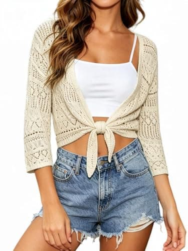 Spicy Sandia Women’s Crochet Bolero Shrug Tie Front Cropped Cardigan Sheer Summer Sweaters Lightweight Beige 2XL
